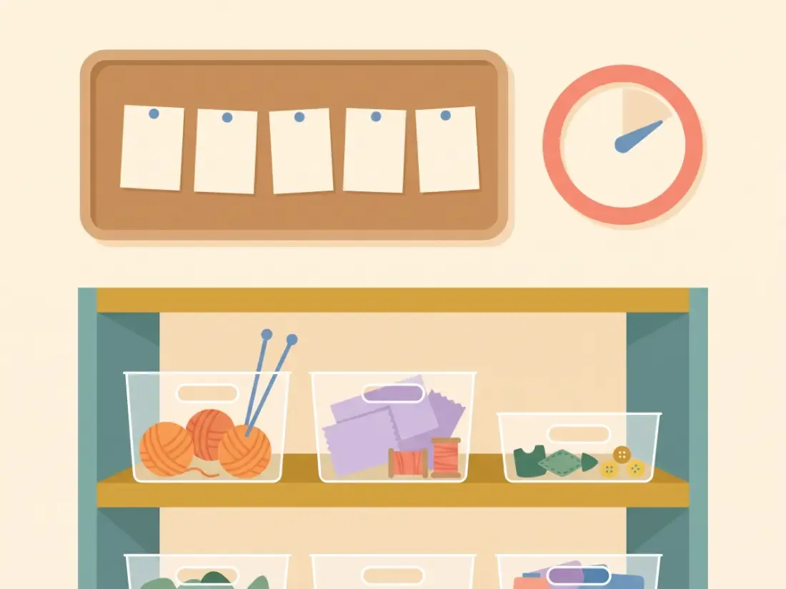 Tools that help with ADHD not finishing projects, like clear bins and a board
