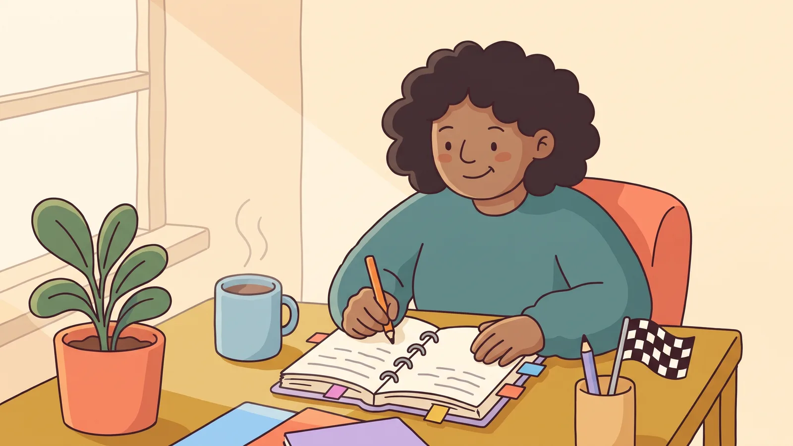 Illustration of an adult using the best planner for ADHD to plan a project