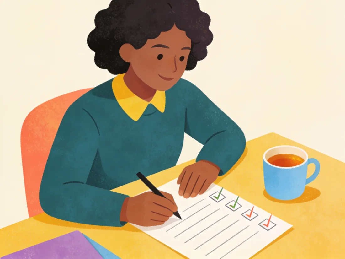A relaxed person checking off one item on a short list with a cup of tea nearby.
