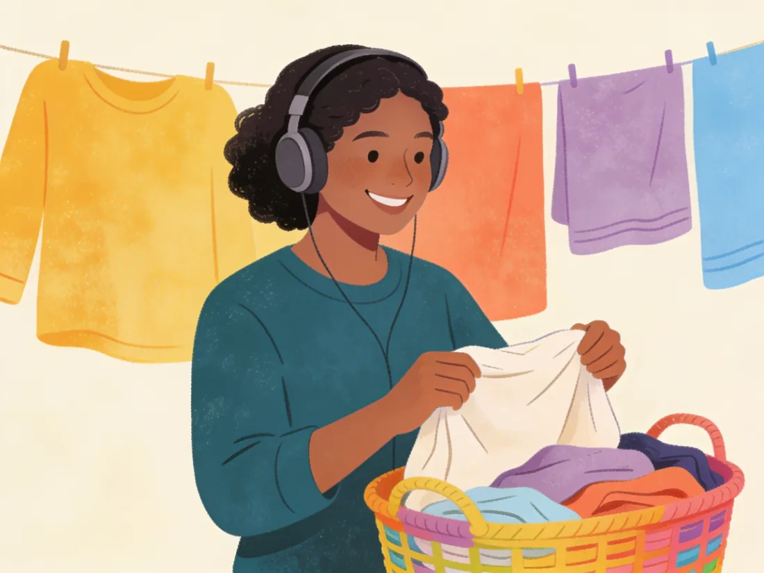 A person folding laundry while listening to something on headphones.