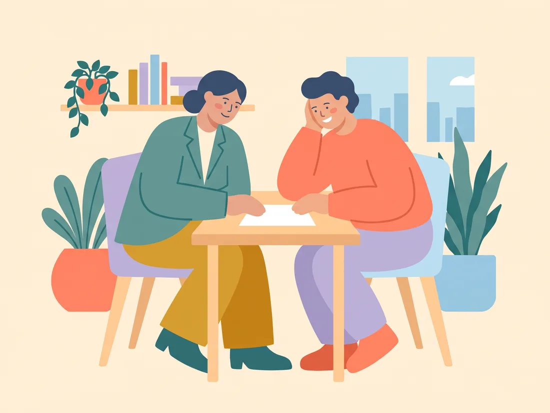An advisor and an adult student reviewing a transcript together to plan how to finish a degree.