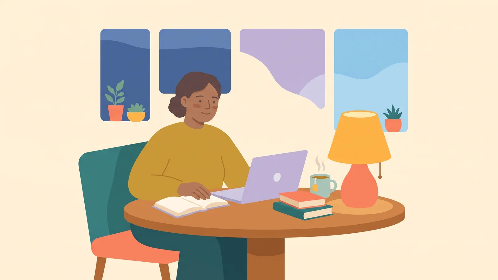 An adult studying at a kitchen table in the evening with a laptop, tea, and textbooks, working to finish a degree.