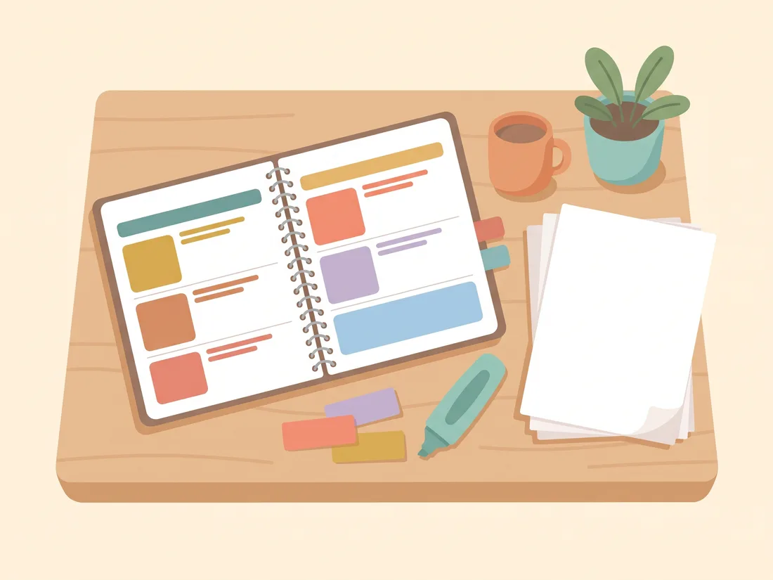 An open planner with colored study blocks beside sticky notes and transcripts, mapping out how to finish a degree.