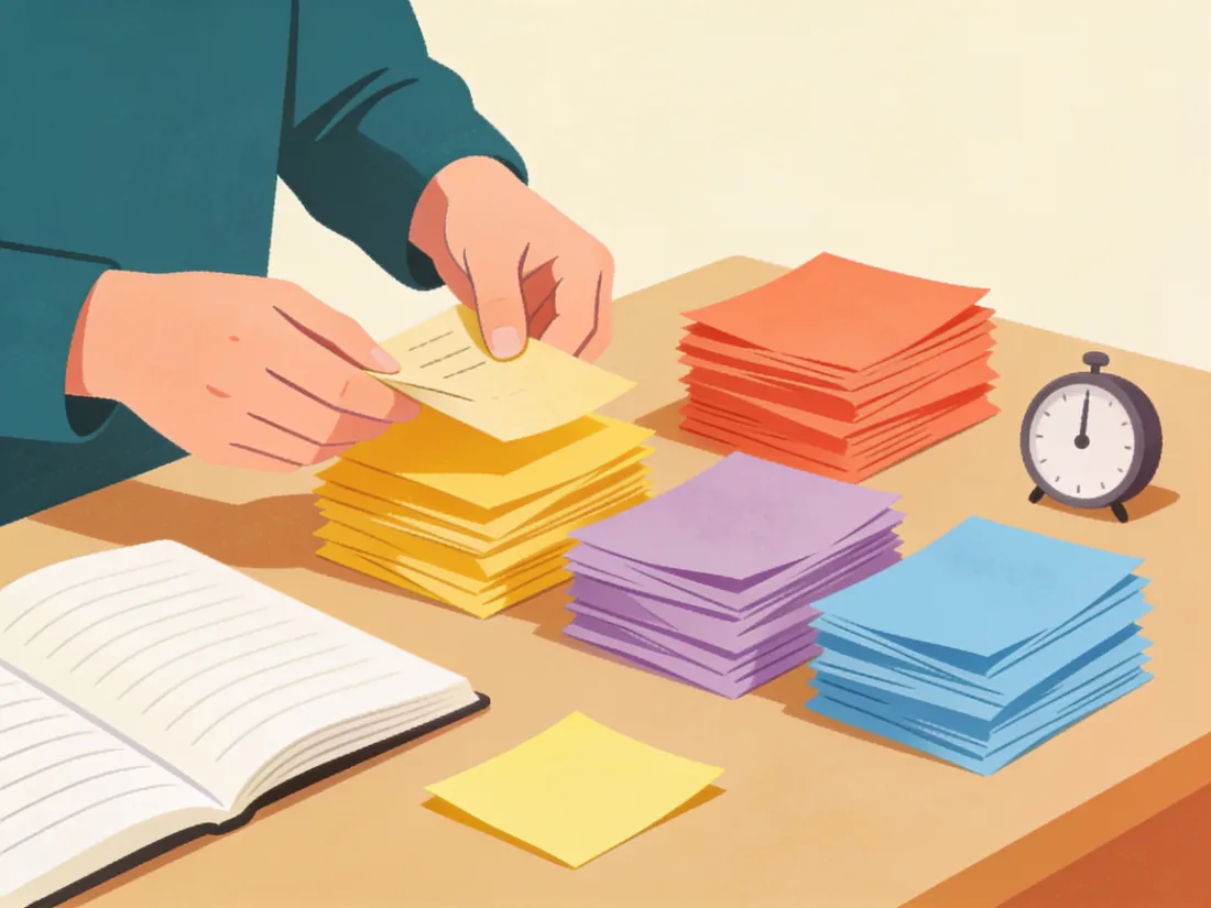 Hands sorting old project notes into three piles beside a small timer.