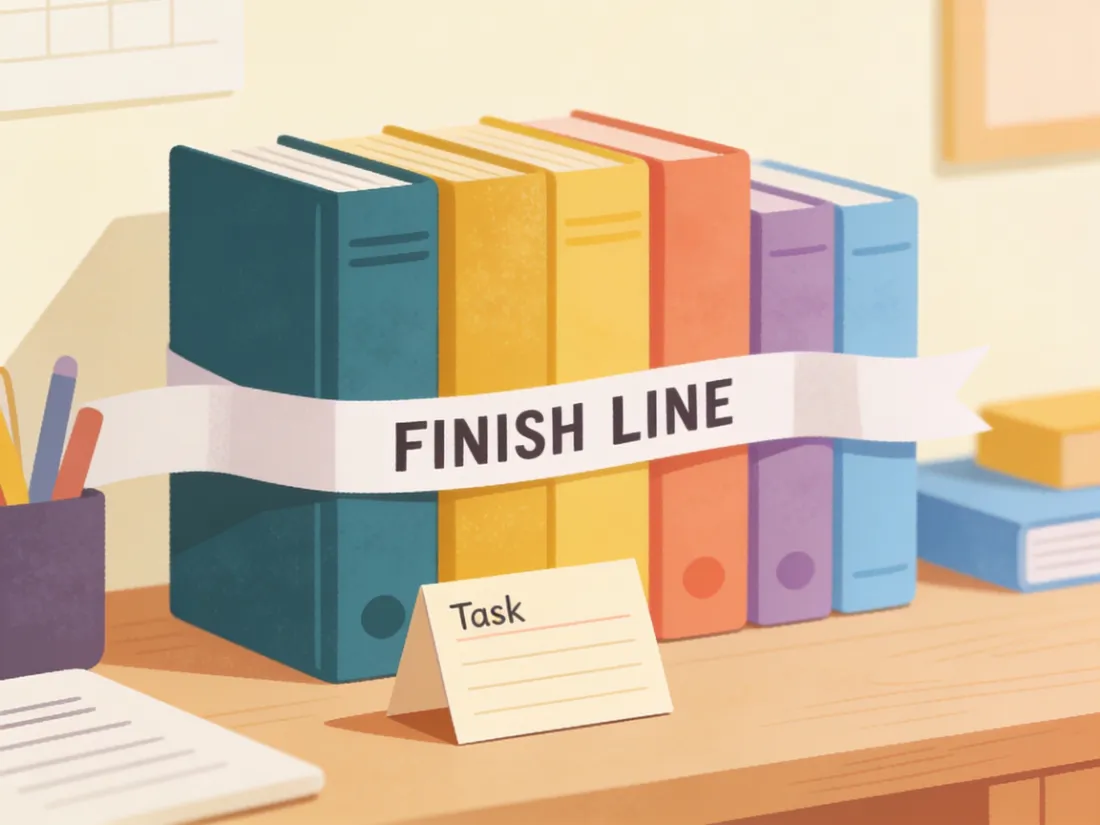 A small task card sitting in front of a finish line ribbon on a work table.