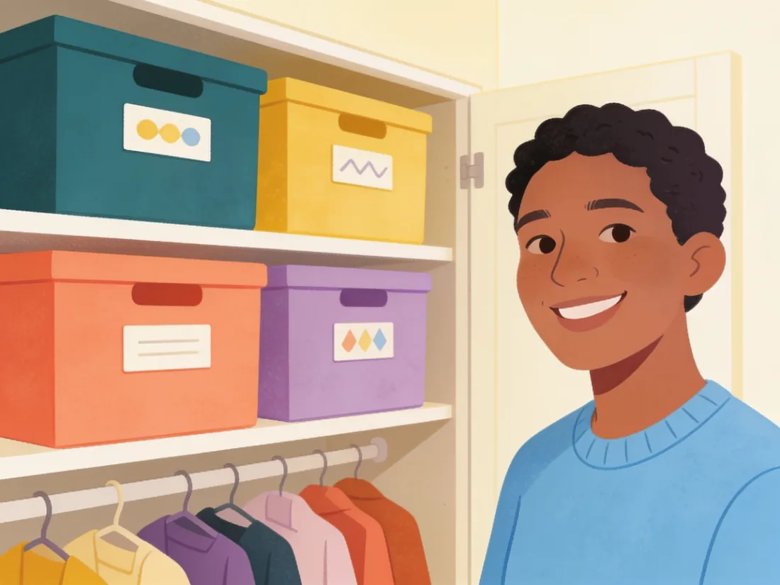 A neatly organized closet with labeled bins and a smiling person.