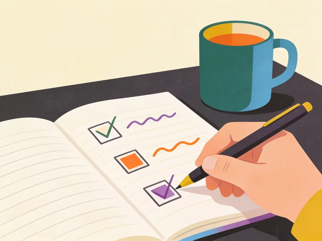 Open notebook with a short checklist that defines done, the first step in how to complete a project