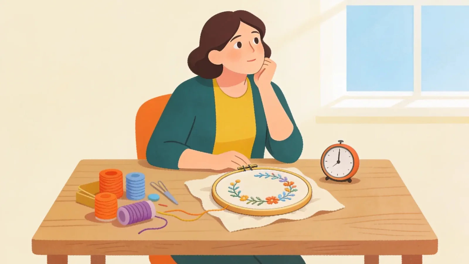 Woman at a sunlit table with a half-finished embroidery project and a small timer, deciding how to finish a project