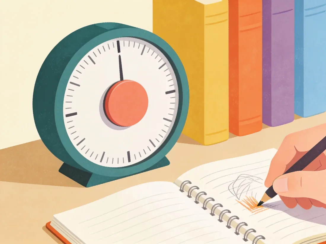Visual timer beside a nearly finished sketchbook, a simple tool for how to actually finish a project