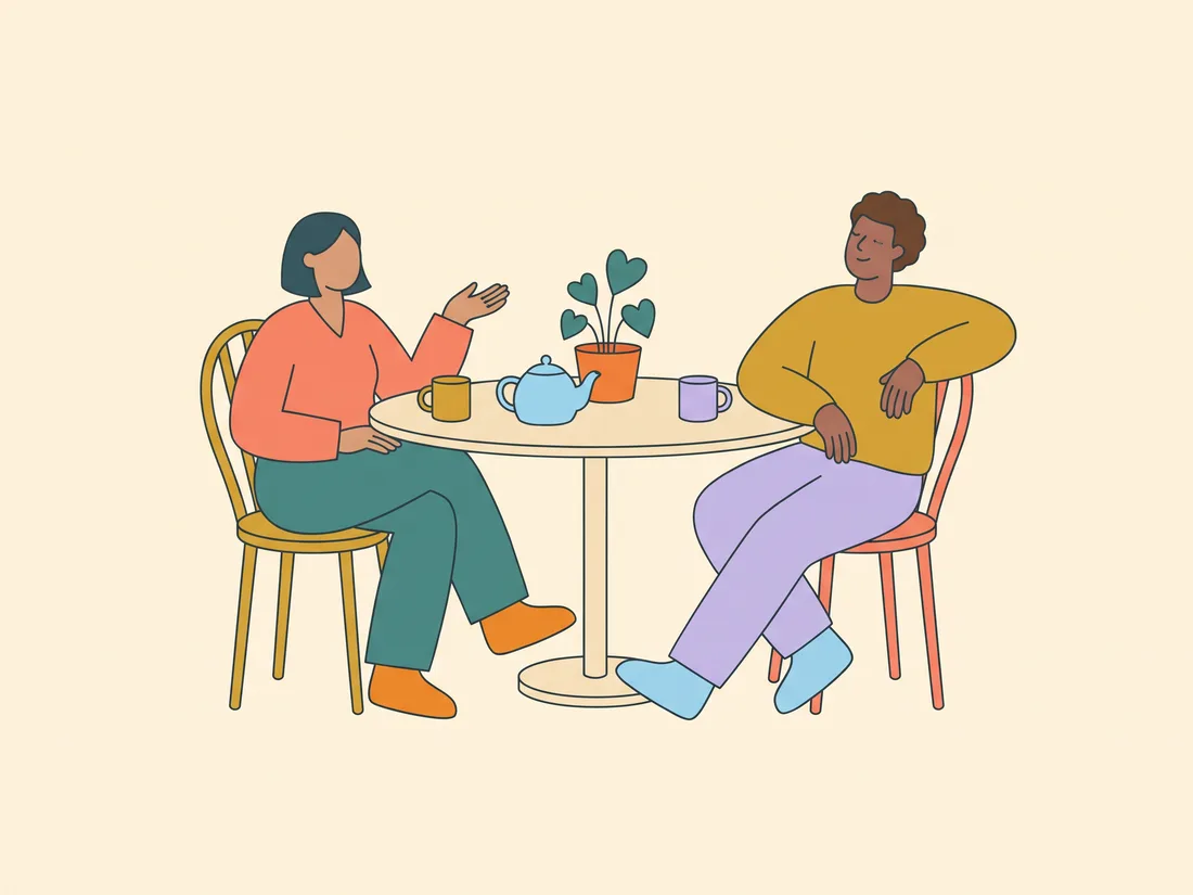 Friends talking through procrastination tips over tea