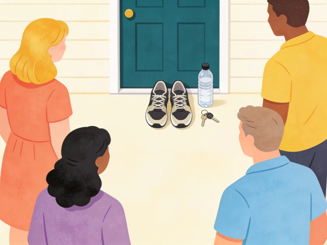 Sneakers, keys, and a water bottle set out by the door the night before.