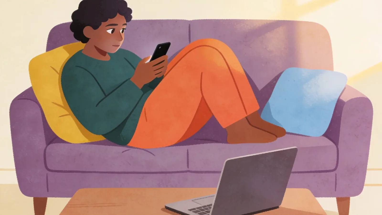 Person scrolling a phone on the couch beside an untouched laptop, wondering how to stop procrastinating