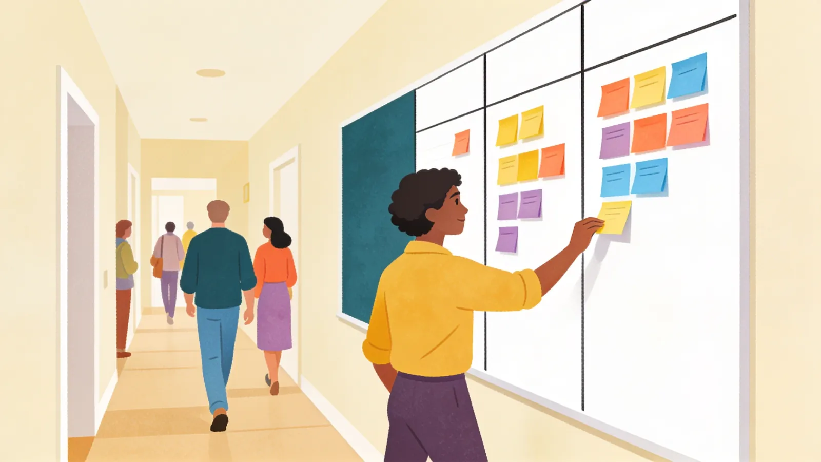 Illustration of a person moving a sticky note across a three column whiteboard in a hallway.