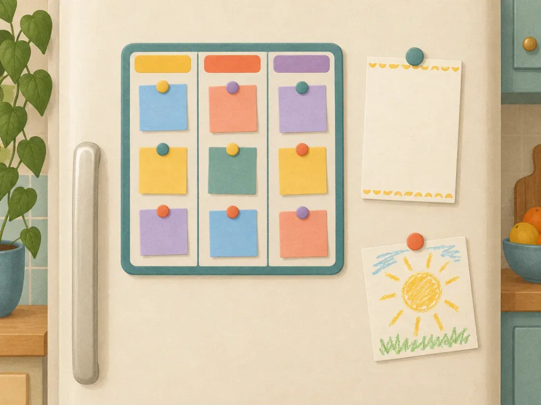 A small three-column kanban board stuck to a refrigerator door.