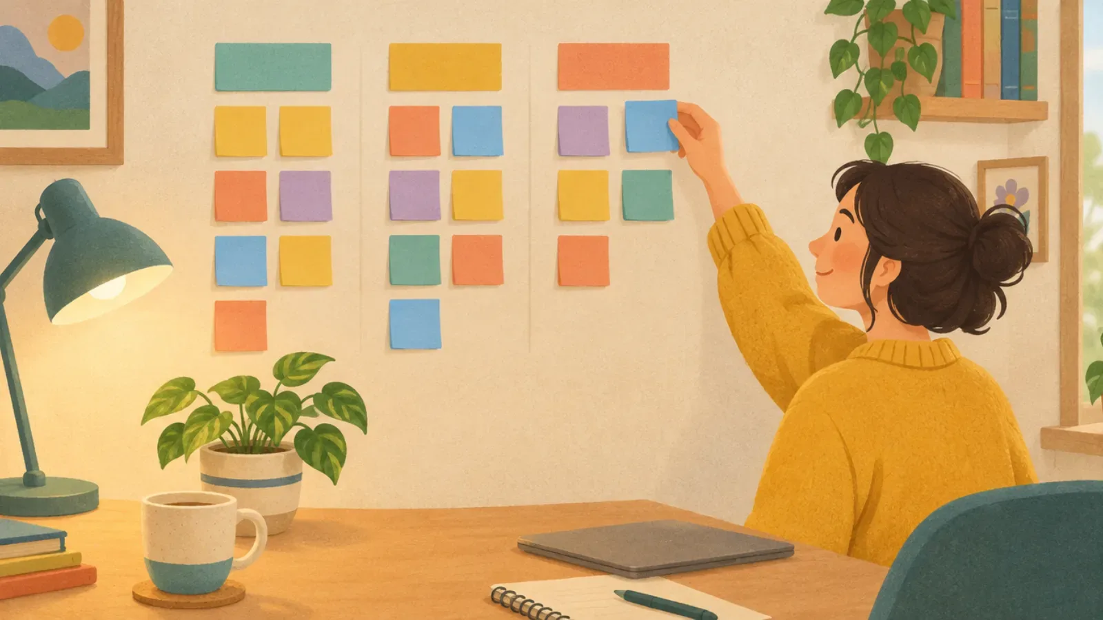 A person moving a sticky note across a three-column kanban board on a home office wall.
