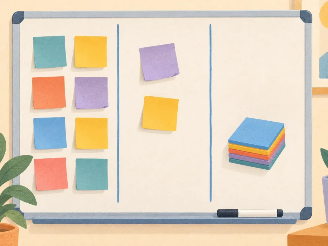 A whiteboard kanban board with three columns of colorful sticky notes.