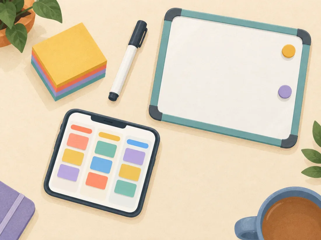 Sticky notes, a marker, a small whiteboard, and a phone with a kanban board app laid out on a desk.
