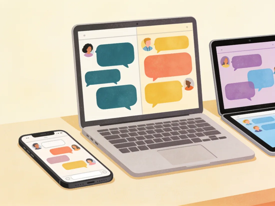A phone, laptop, and tablet on a desk, each showing a simple chat screen.